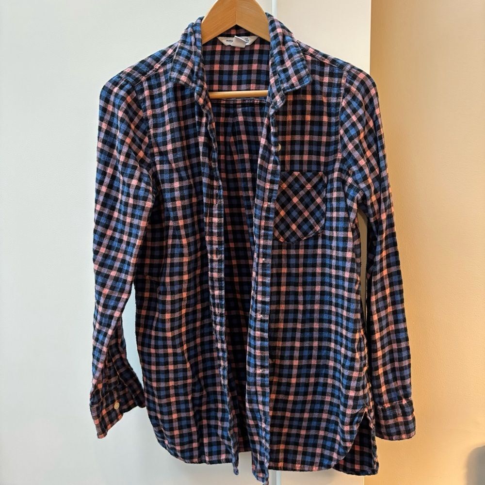 Old Navy pink and blue soft plaid tunic button down women’s size M